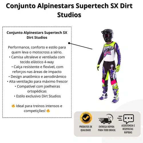 Conjunto Alpinestars Supertech SX Dirt Studios Branco Roxo Amarelo