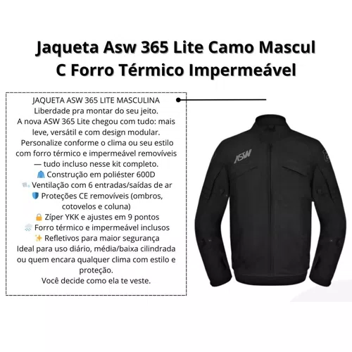 Jaqueta ASW 365 Lite Preta Camo Masculina com Forro Térmico e Impermeável