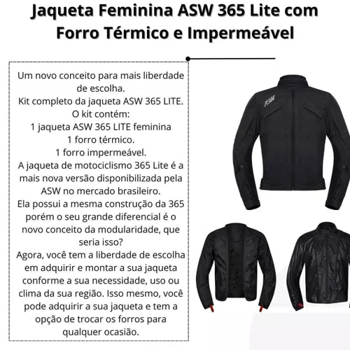 Jaqueta ASW 365 Lite Preta Feminina com Forro Térmico e Impermeável