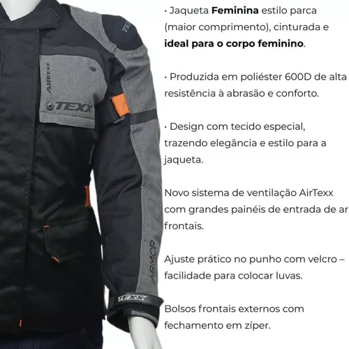 Jaqueta Moto Feminina Texx Armor Lady Impermeável Preta Cinza Laranja
