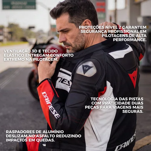 Macacão Dainese Mistel Preto Branco Vermelho 2 Peças