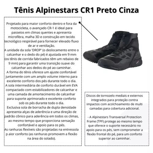Tênis Alpinestars CR 1 cor Preto Cinza Original Premium
