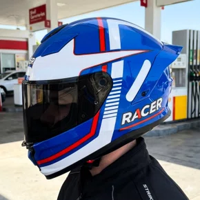 Capacete Fechado Racer1 Rc1 Nava Azul Branco Vermelho Mais Viseira Rc1 Fume