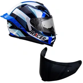 Capacete Fechado Racer1 Rc1 Icone Branco Preto Azul Mais Viseira Rc1 Fume