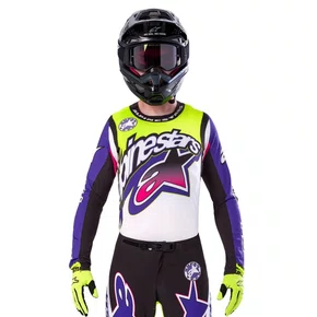 Conjunto Alpinestars Supertech SX Dirt Studios Branco Roxo Amarelo
